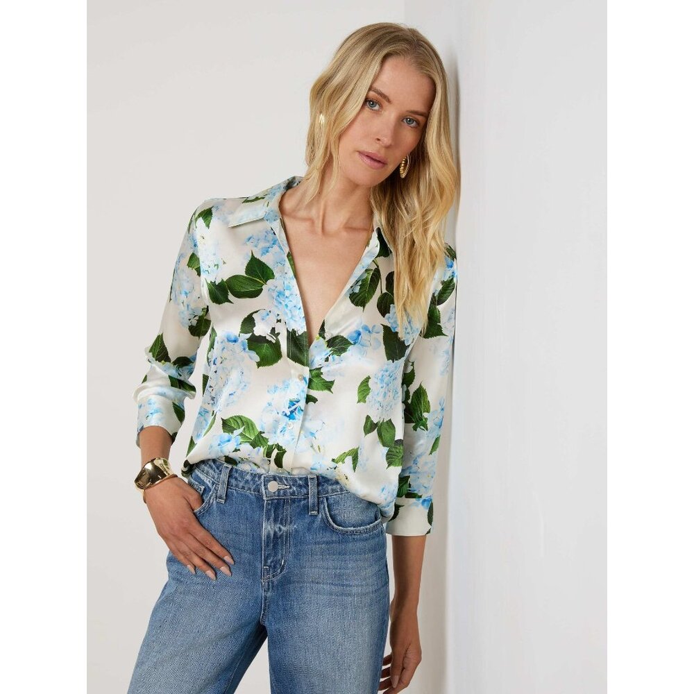 L'Agence DANI SILK IVORY/LIGHT BLUE HYDRANGEA BLOUSE TOP SIZE XS - Picture 10 of 10